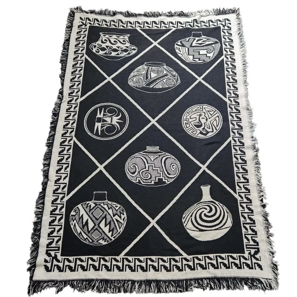 Vintage Southwest Native Aztec Pottery Pots Blanket Tapestry 74” X 50”
